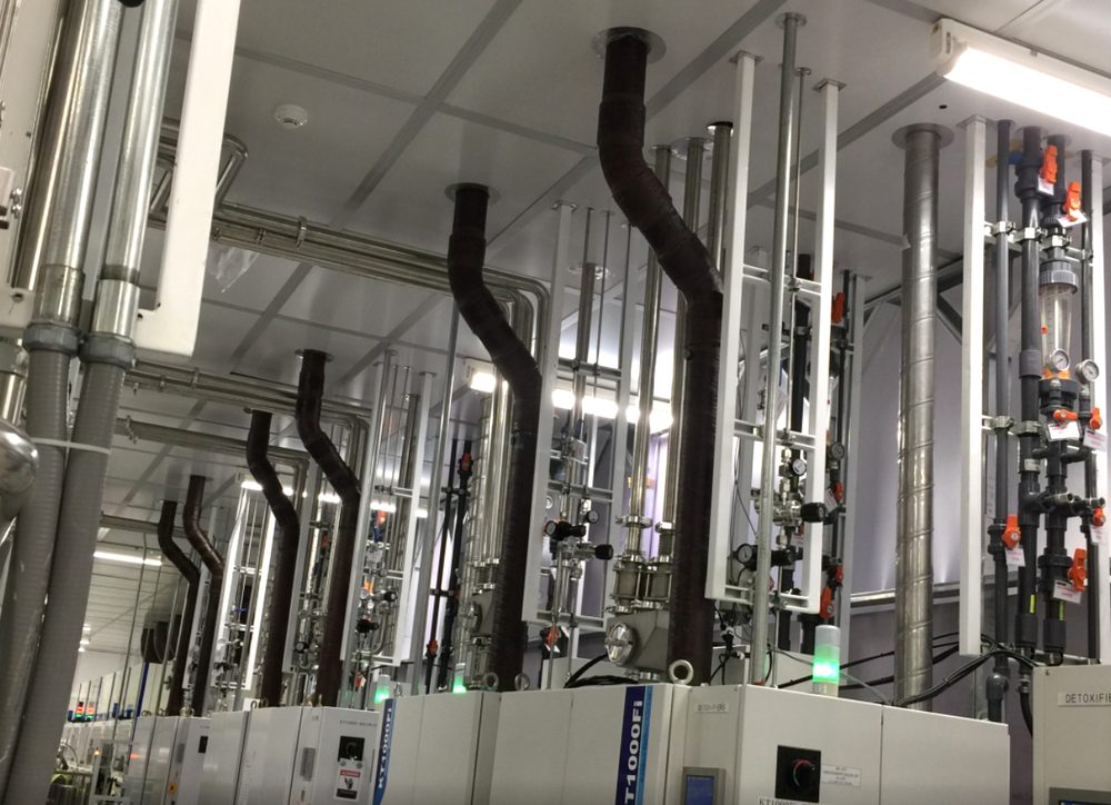 Gas sticks, panels, and overhead piping installed in a semiconductor fab cleanroom