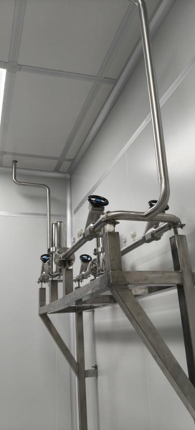 Stainless gas line rising from a skid frame and turning overhead along the wall